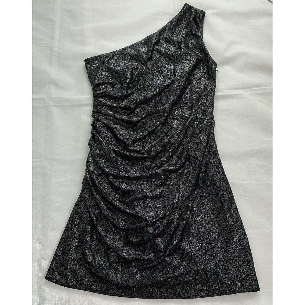 Express Statement Black Dress Size 6 One-Shoulder Ruched Bodycon Lace Mini Y2K